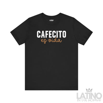 Black “Cafecito Es Vida” T-shirt with bold and script text. Latino In Da House 