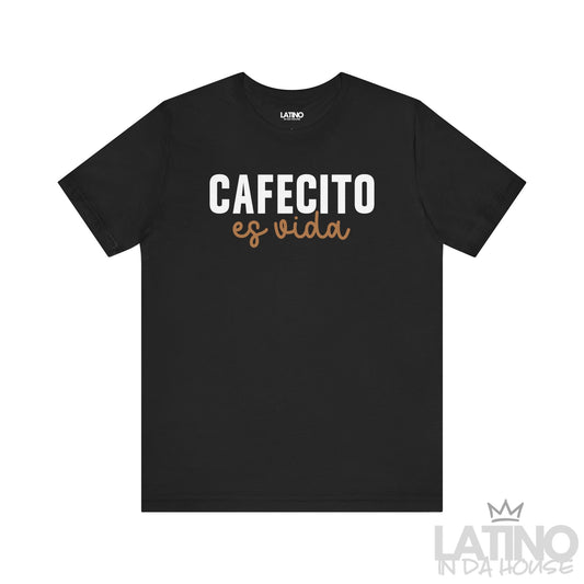Black “Cafecito Es Vida” T-shirt with bold and script text. Latino In Da House 