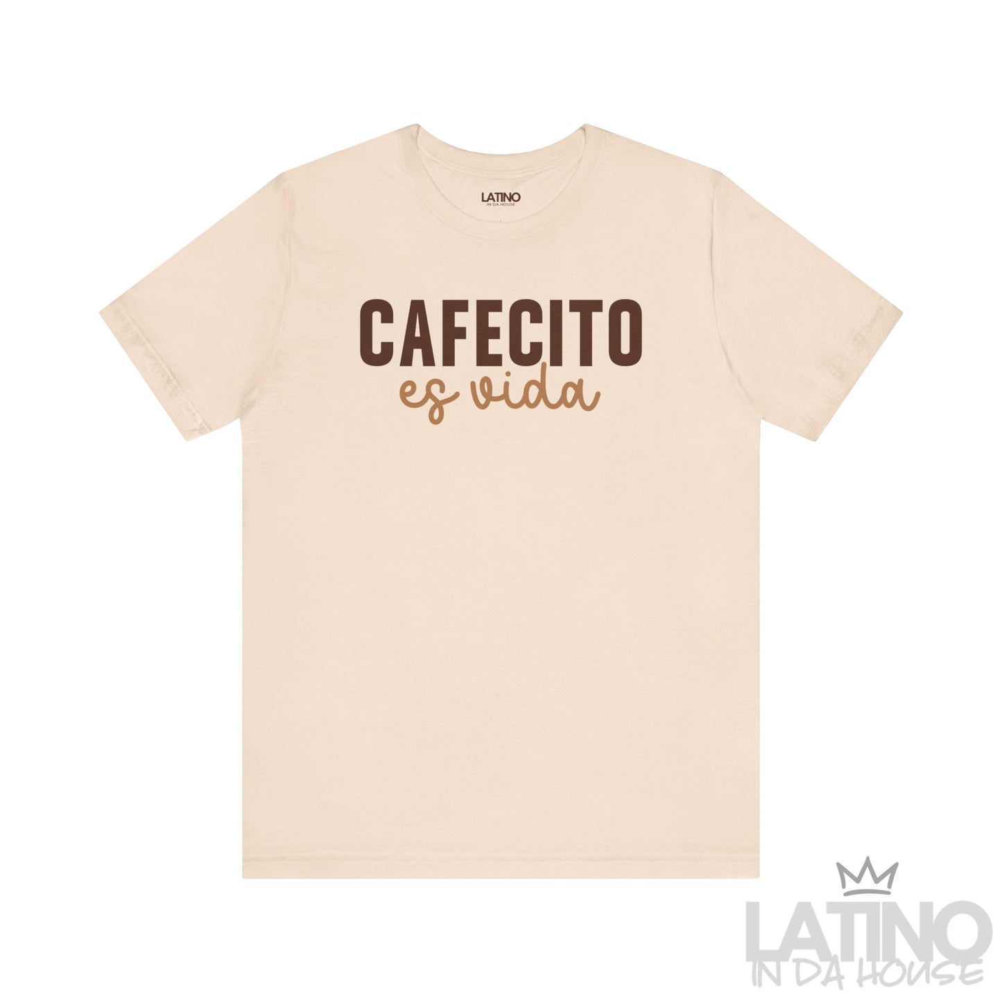 Soft cream “Cafecito Es Vida” T-shirt with bold and script text. Latino In Da House 