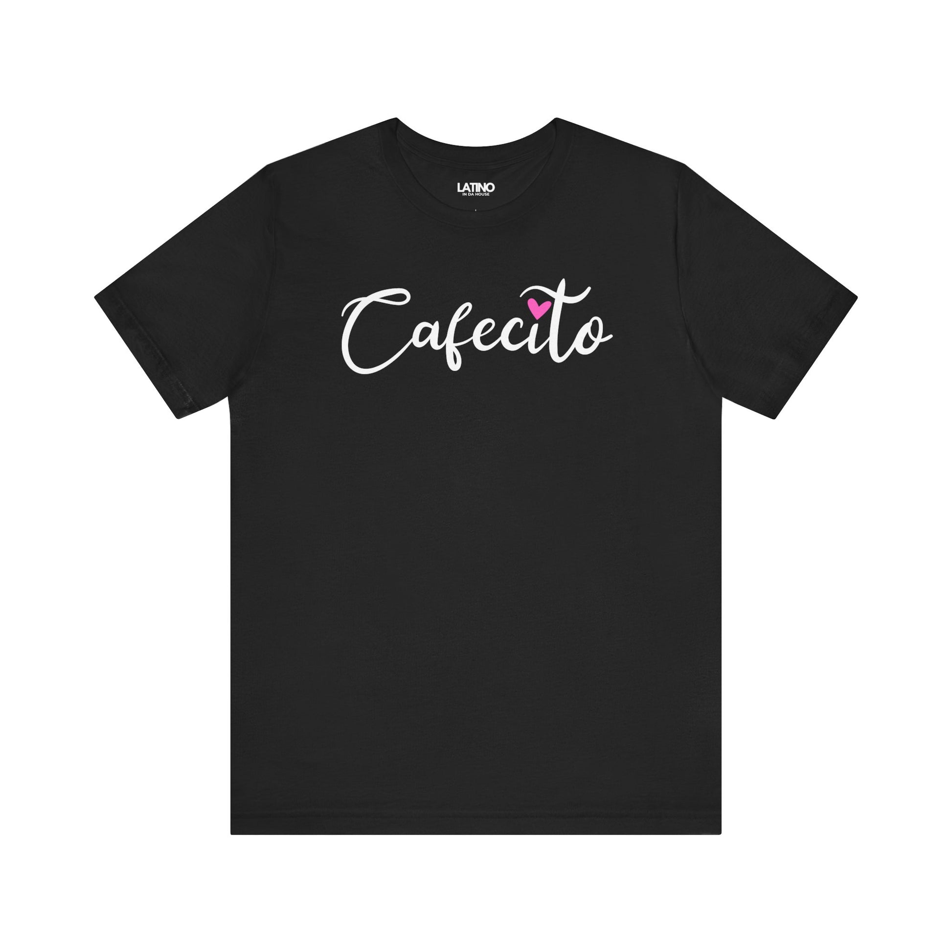 Cafecito Heart T-Shirt in black with white script text and pink heart accent - Latino
In Da House