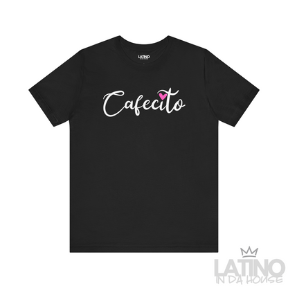 Cafecito Heart T-Shirt in black with white script text and pink heart accent – Latino In Da House
