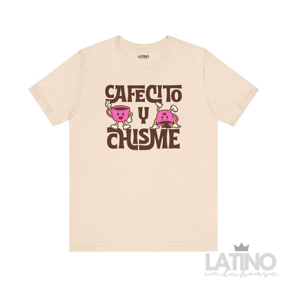 Soft cream Cafecito y Chisme T-Shirt with bold text and cartoon coffee characters. Latino In Da House