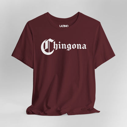 Close-up of Chingona T-Shirt in maroon with bold gothic white lettering. Latino In Da
House