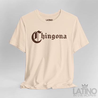 Close-up of Chingona T-Shirt in soft cream with bold gothic brown lettering. Latino In Da House 