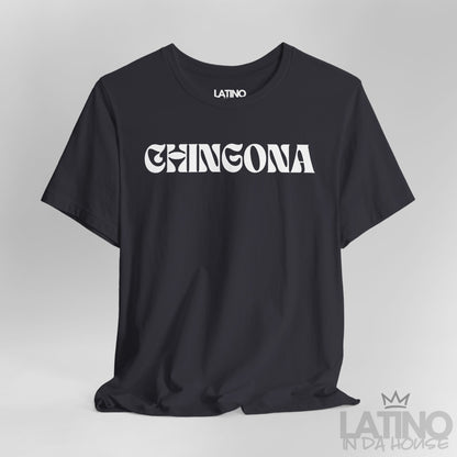 Close-up of Dark Grey Chingona Retro T-Shirt design – Latino In Da House