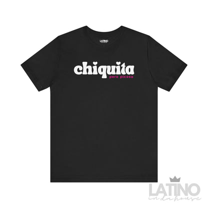 Chiquita Pero Picosa T-Shirt in black with playful retro lettering, Latino In Da House.
