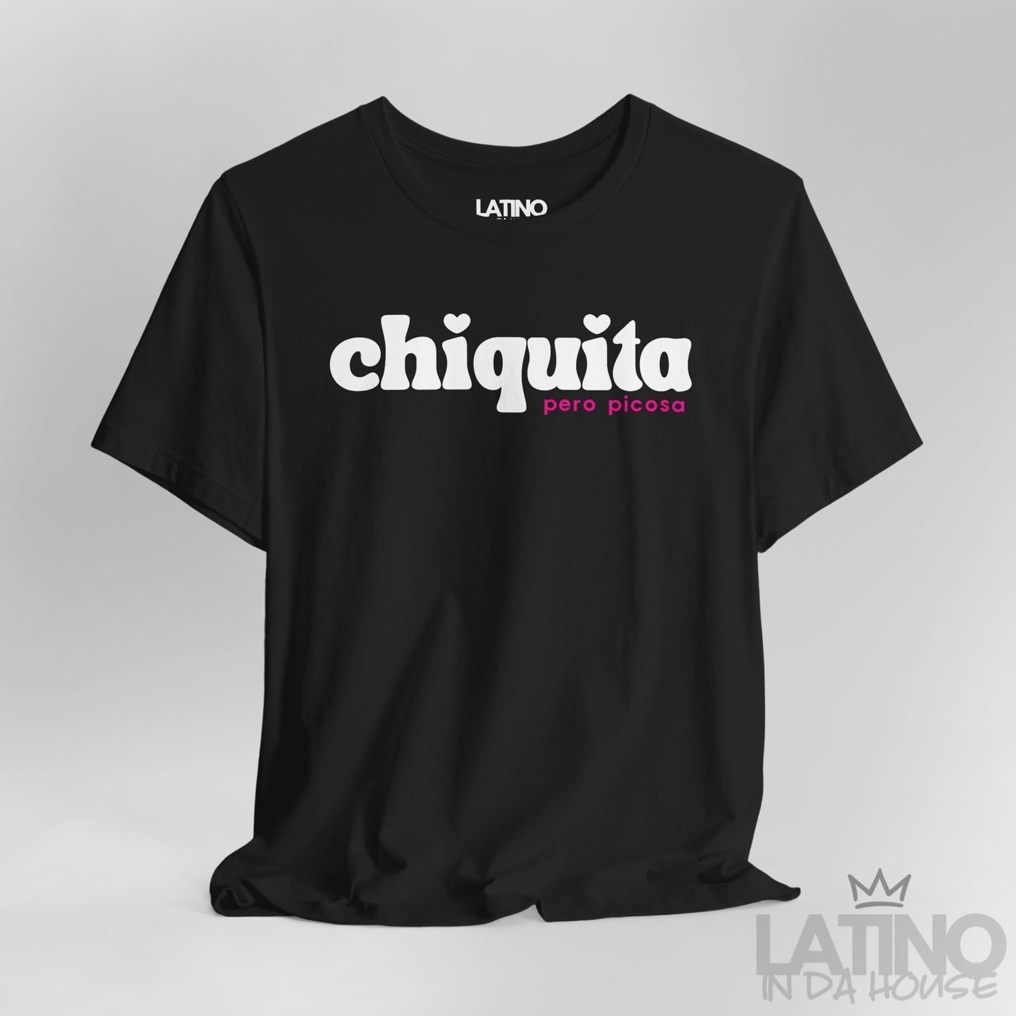 Close-up of black “Chiquita Pero Picosa” T-shirt design showing detail. Latino In Da House 
