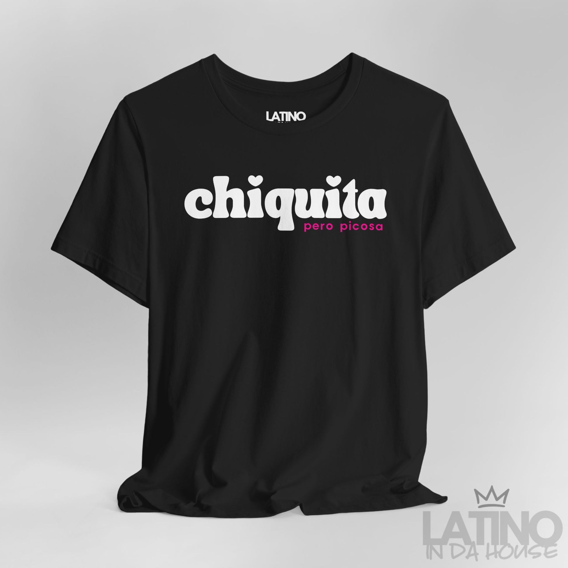 Close-up of black “Chiquita Pero Picosa” T-shirt design showing detail. Latino In Da House 