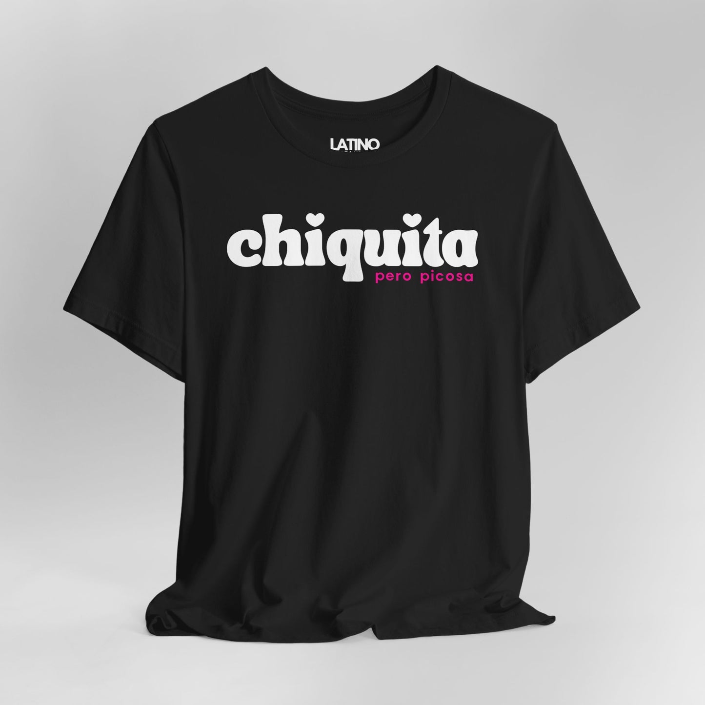 Close-up of black "Chiquita Pero Picosa"
T-shirt design showing detail. Latino In Da House