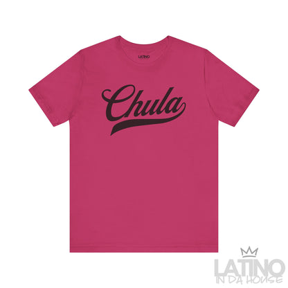 Chula T-shirt in berry hot pink with bold black script text. Latino In Da House 