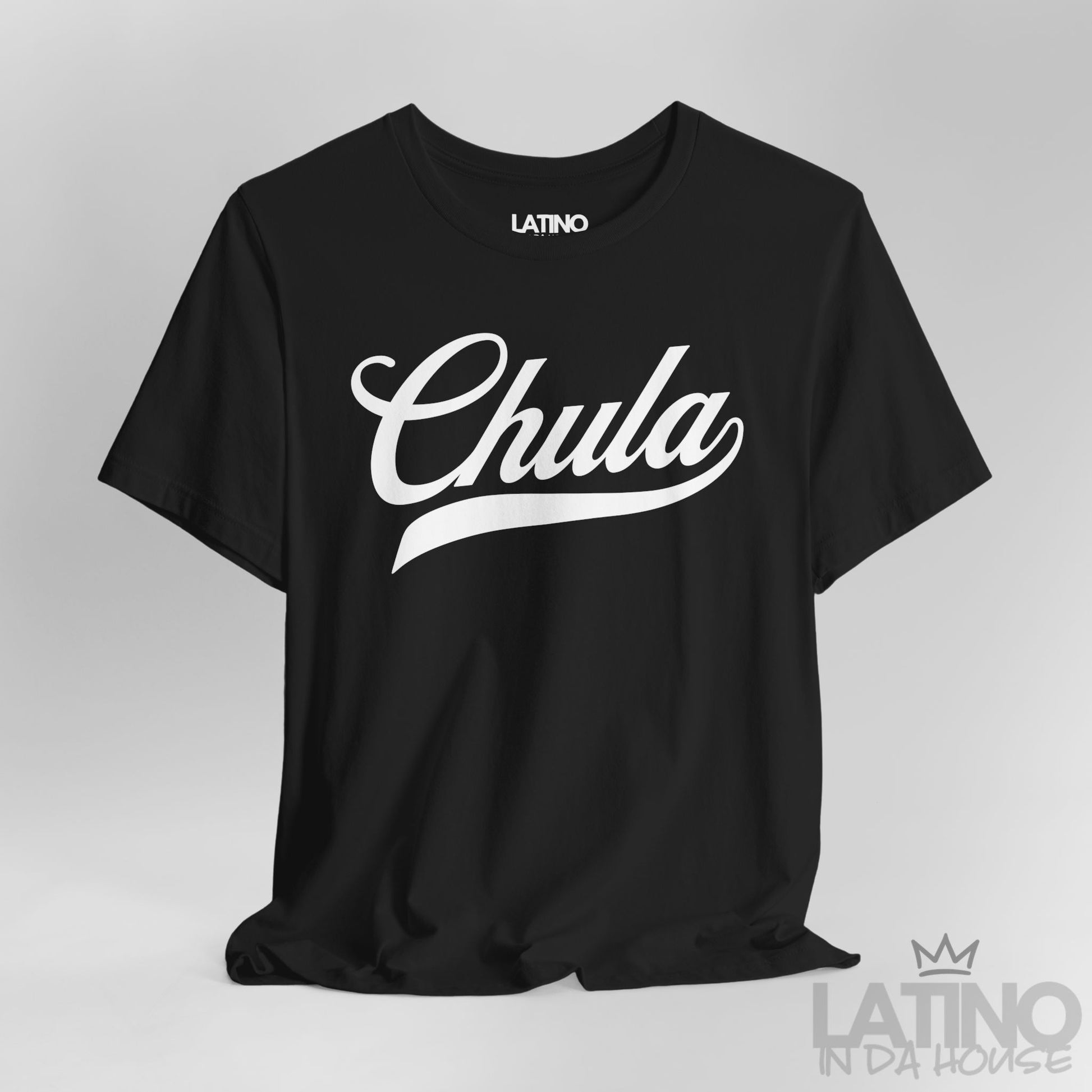 Close-up of Chula script design on black T-shirt. Latino In Da House 