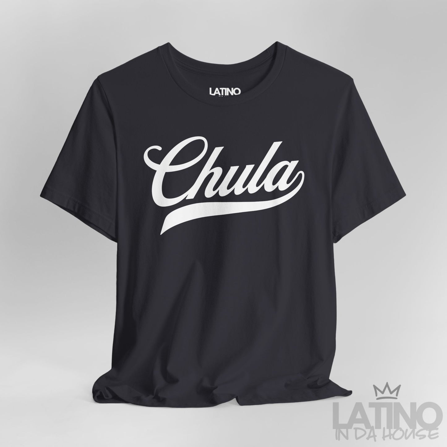Close-up of Chula script design on dark grey T-shirt. Latino In Da House 