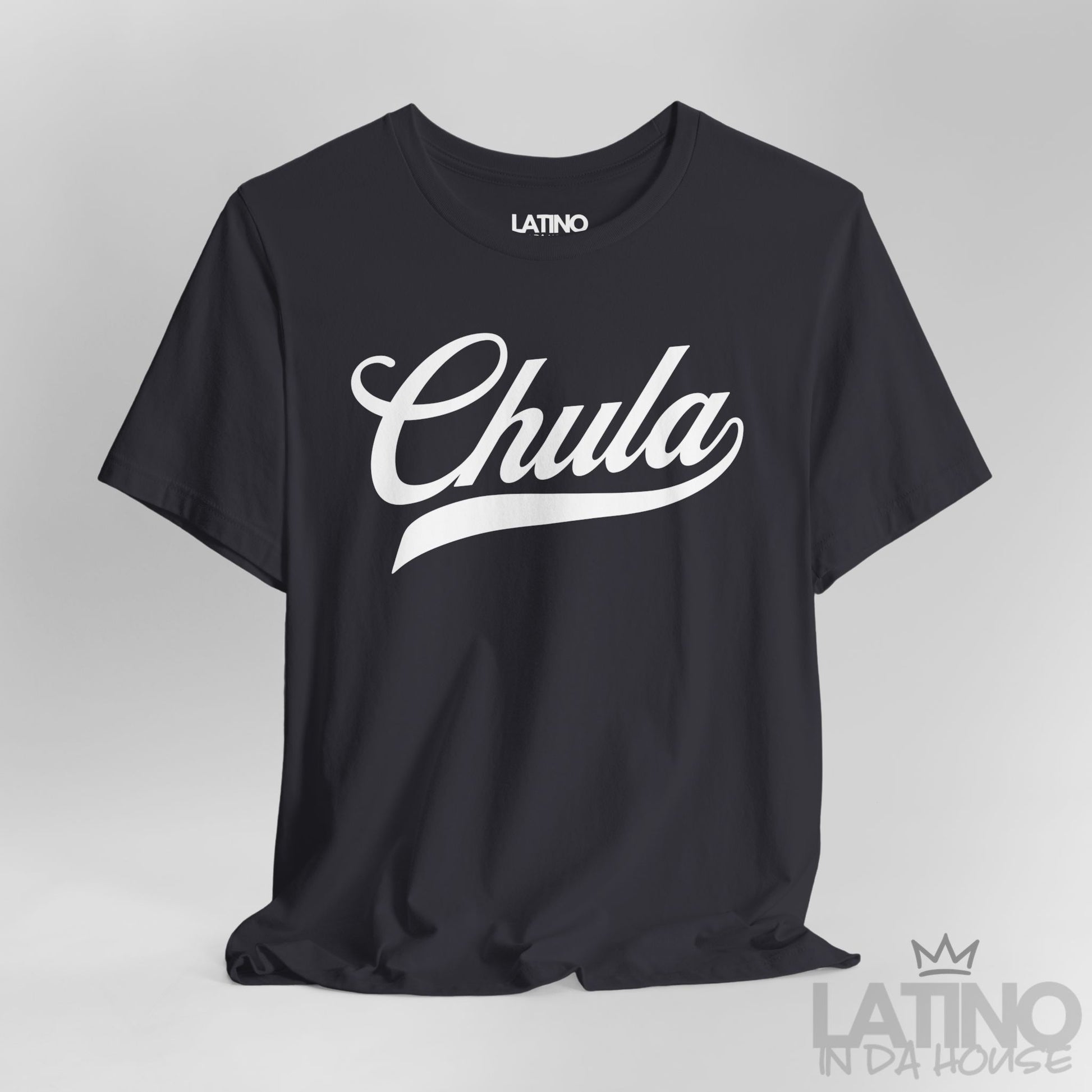 Close-up of Chula script design on dark grey T-shirt. Latino In Da House 
