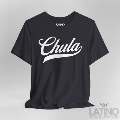 Close-up of Chula script design on dark grey T-shirt. Latino In Da House 
