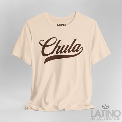 Close-up of Chula script design on soft cream T-shirt. Latino In Da House 