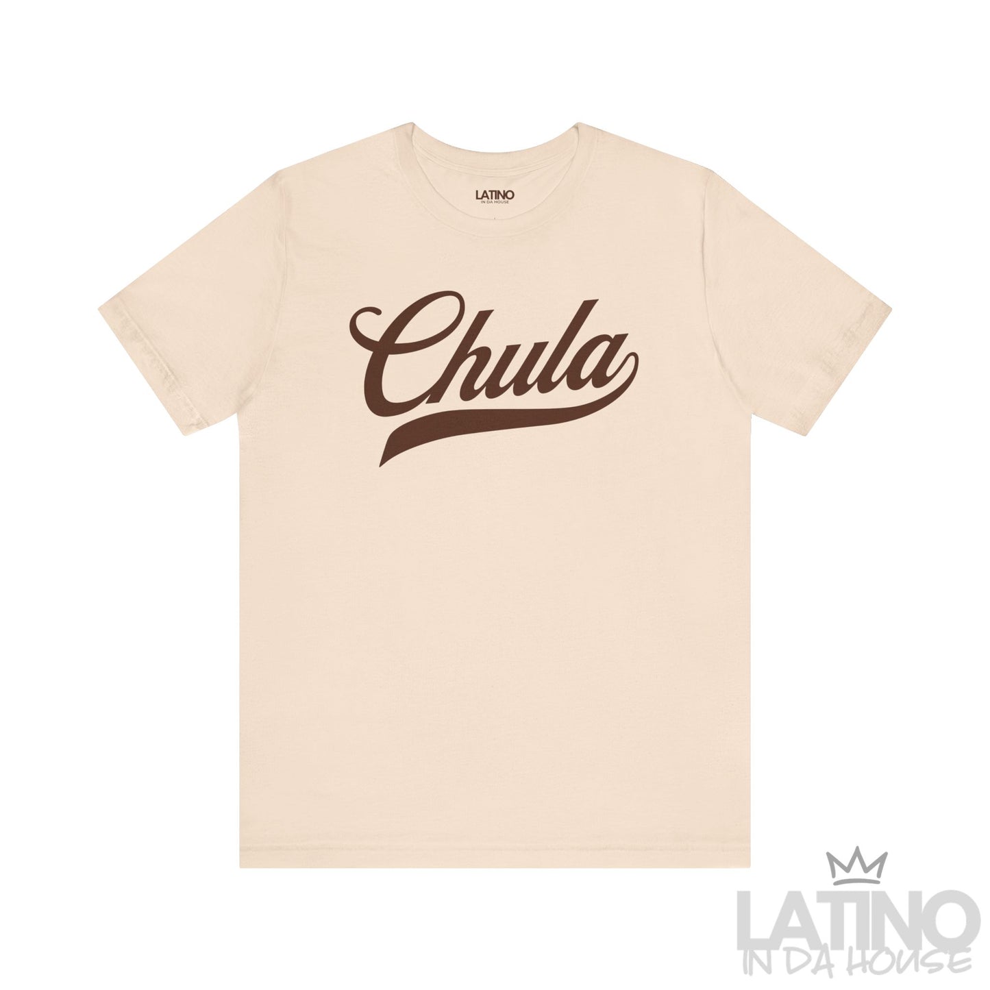 Chula T-shirt in soft cream with bold brown script text. Latino In Da House 