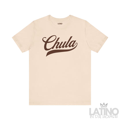 Chula T-shirt in soft cream with bold brown script text. Latino In Da House 