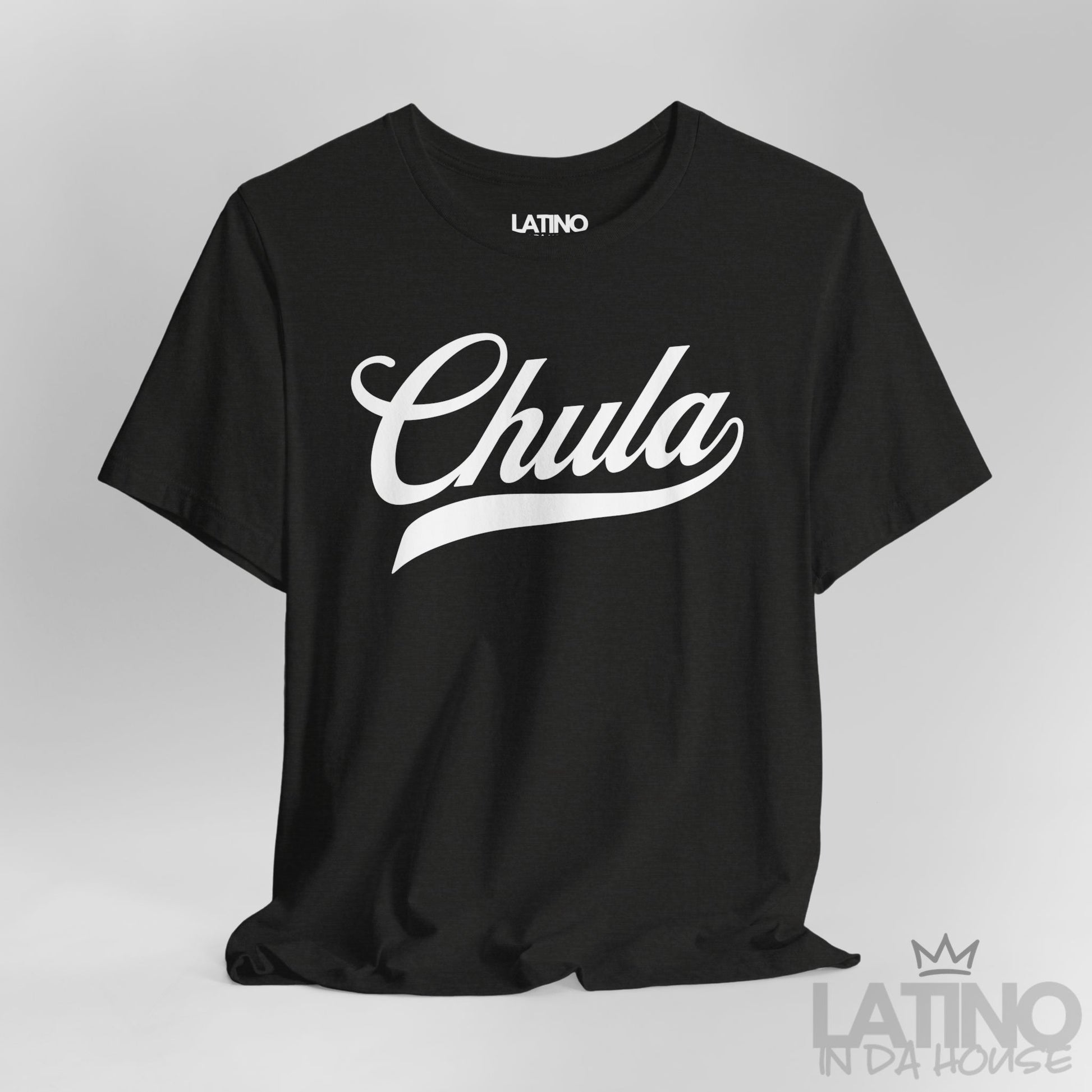Heather Black Chula T-shirt, close-up showing script design detail. Latino In Da House