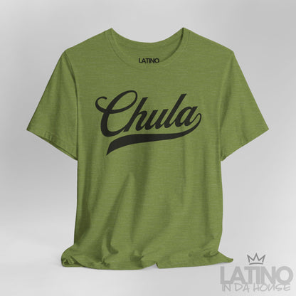 Heather Green Chula T-shirt, close-up showing script design detail. Latino In Da House
