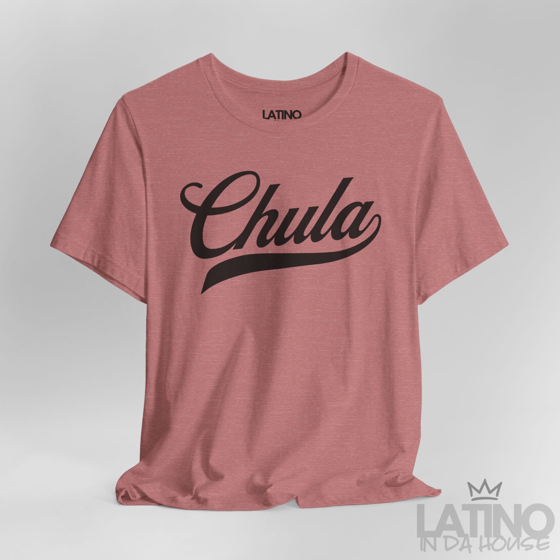 Heather Mauve Chula T-shirt, close-up showing script design detail. Latino In Da House