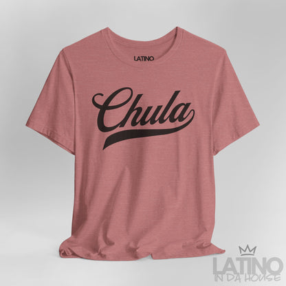 Heather Mauve Chula T-shirt, close-up showing script design detail. Latino In Da House