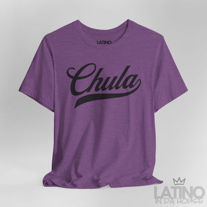 Heather Purple Chula T-shirt, close-up showing script design detail. Latino In Da House