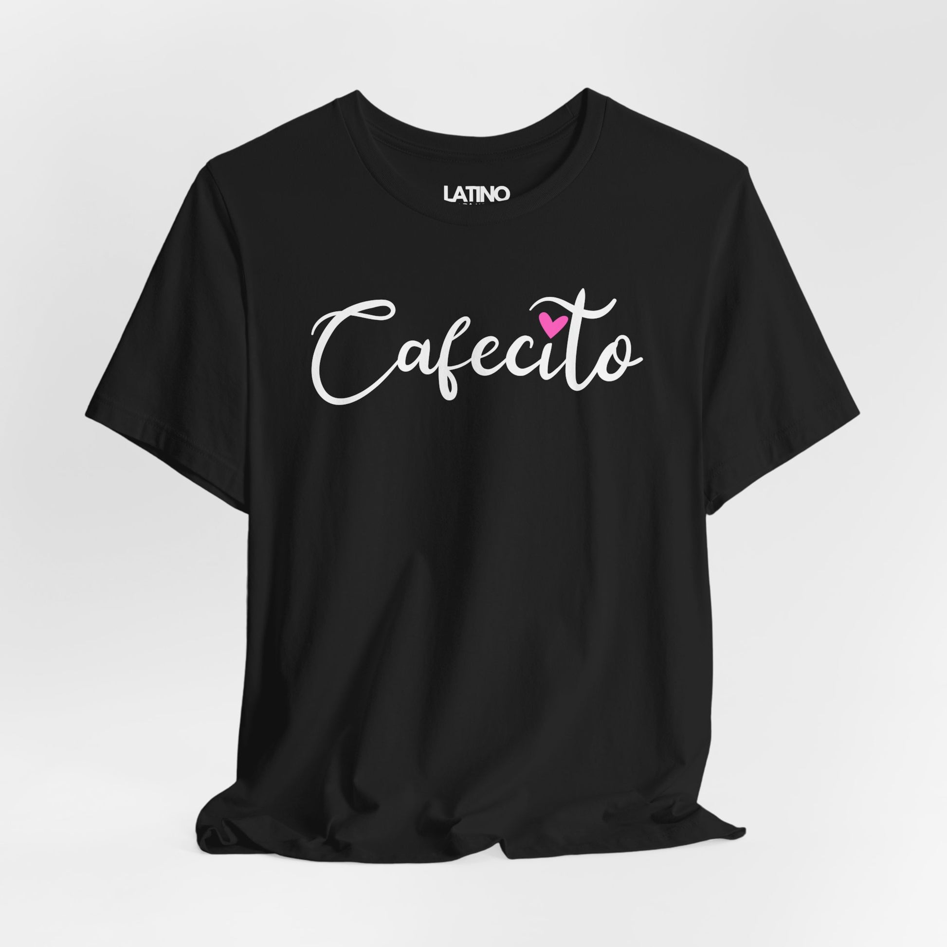 Close Up Cafecito Heart T-Shirt in black with white script text and pink heart
accent - Latino In Da House