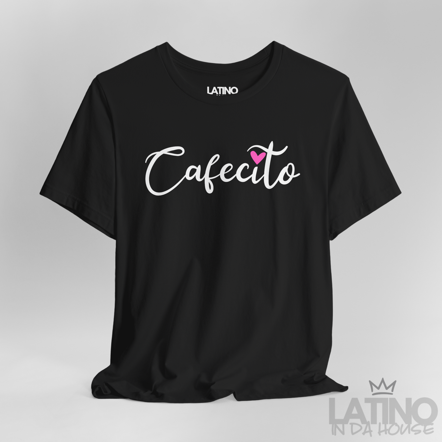 Close Up Cafecito Heart T-Shirt in black with white script text and pink heart accent – Latino In Da House