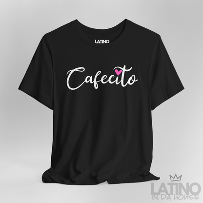 Close Up Cafecito Heart T-Shirt in black with white script text and pink heart accent – Latino In Da House