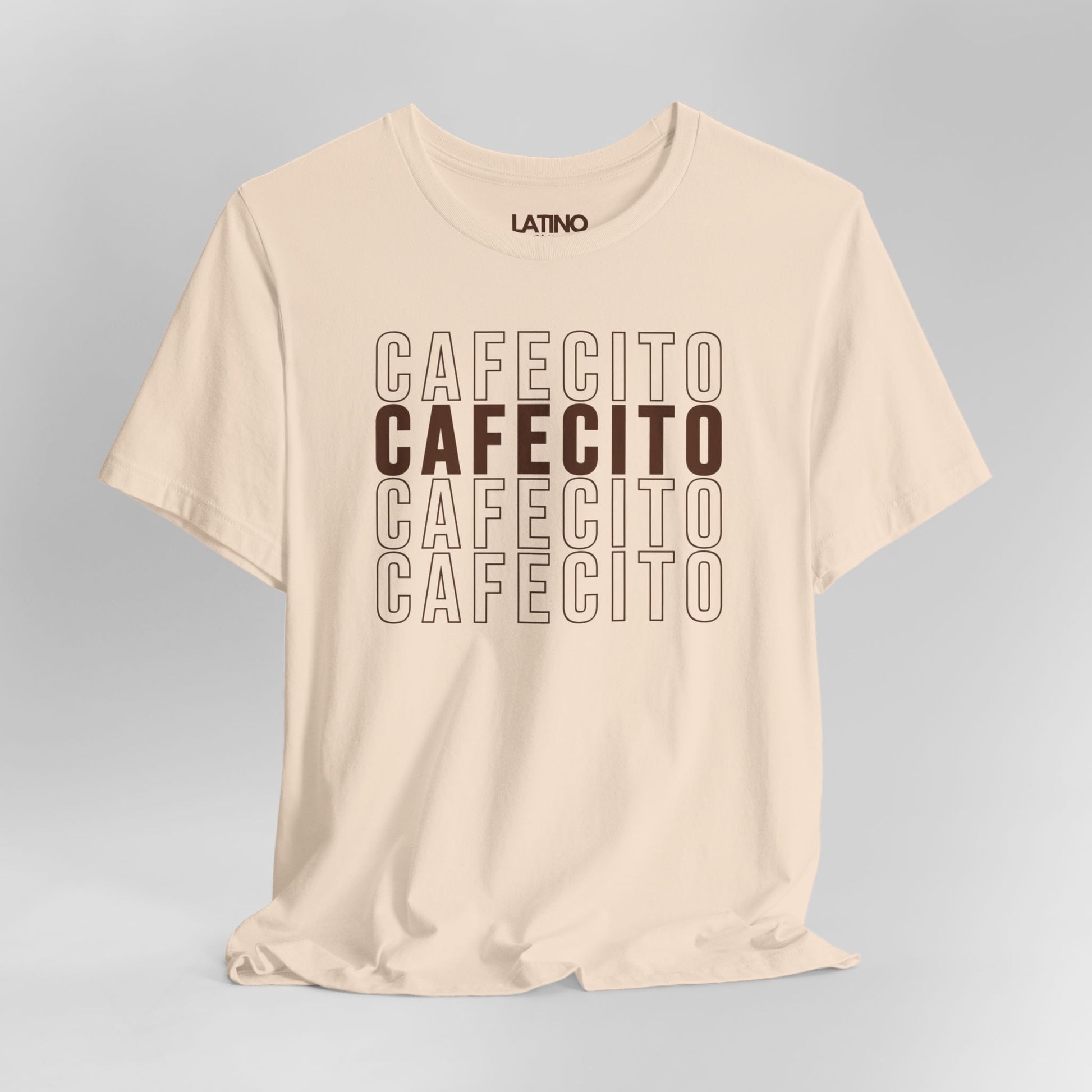 Close Up Cafecito T-Shirt in soft cream with brown stacked cafecito text design - Latino In Da House