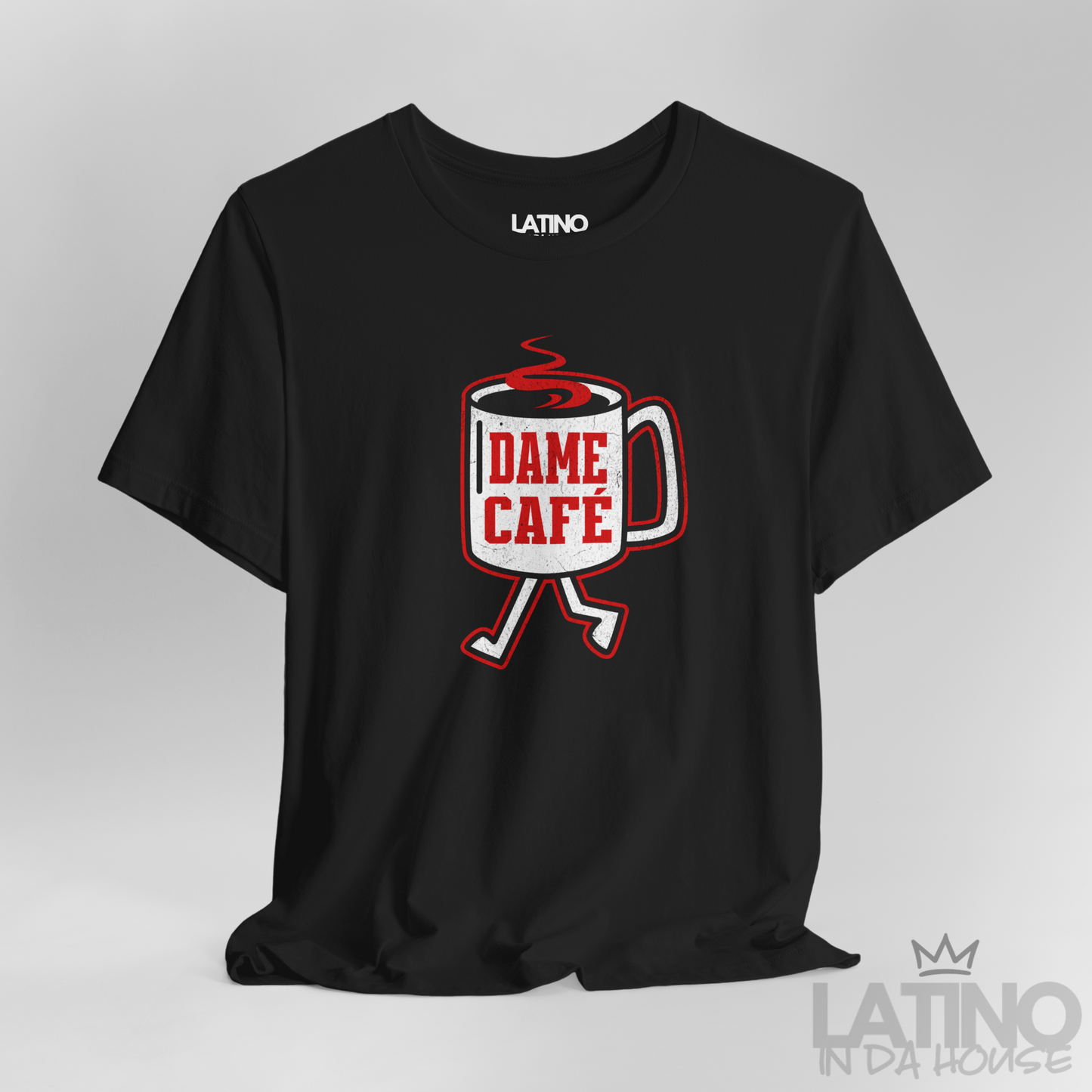 Close Up Dame Café T-Shirt in black with red and white walking coffee cup graphic – Latino In Da House