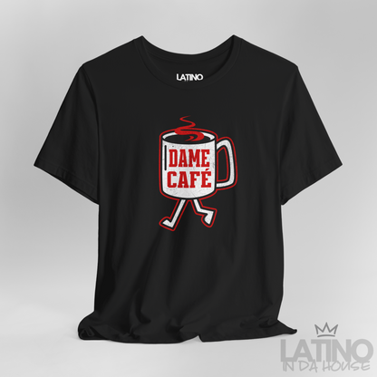 Close Up Dame Café T-Shirt in black with red and white walking coffee cup graphic – Latino In Da House