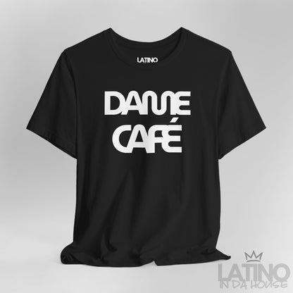 Close Up Dame Café T-Shirt in black with minimalist white print – Latino In Da House