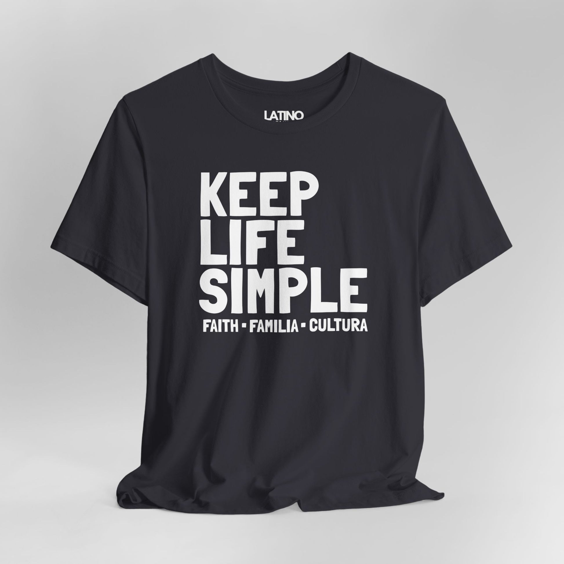 Close Up Keep Life Simple T-Shirt in grey featuring bold white text and red Faith Familia Cultura line - Latino In Da House