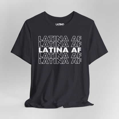 Close Up Dark Grey Latina AF T-shirt with bold repeated design in white text - Latino
In Da House apparel.