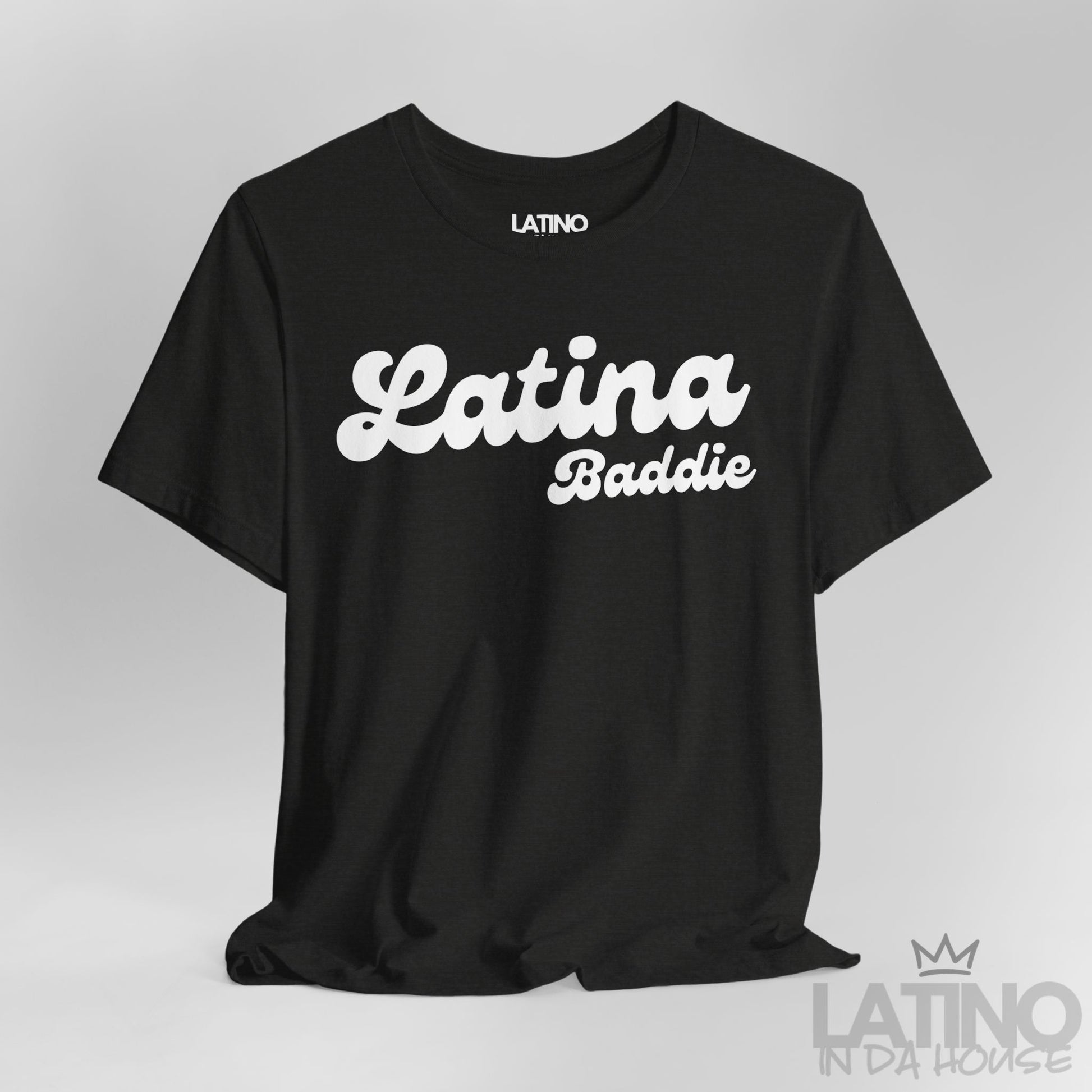 Close Up Heather Black Latina Baddie T-shirt with bold script design. Latino In Da House