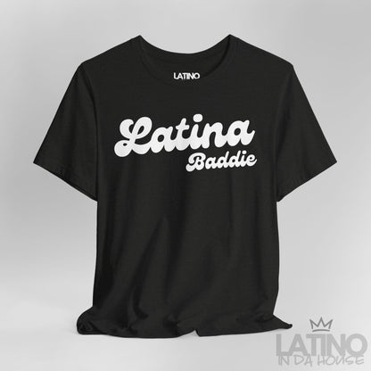 Close Up Heather Black Latina Baddie T-shirt with bold script design. Latino In Da House