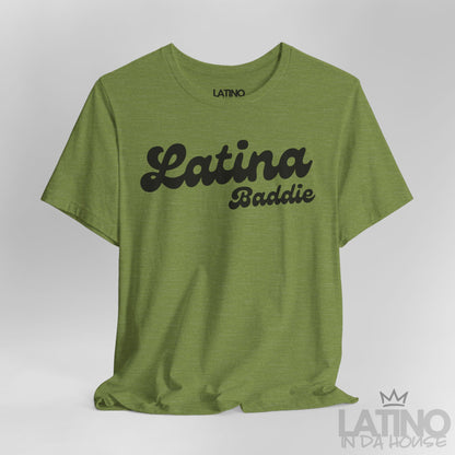 Close Up Heather Green Latina Baddie T-shirt with bold script design. Latino In Da House