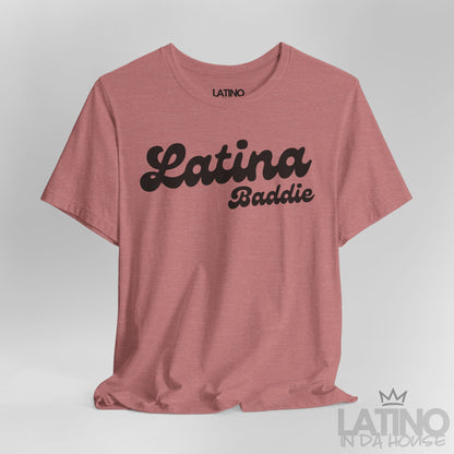 Close Up Heather Mauve Latina Baddie T-shirt with bold script design. Latino In Da House