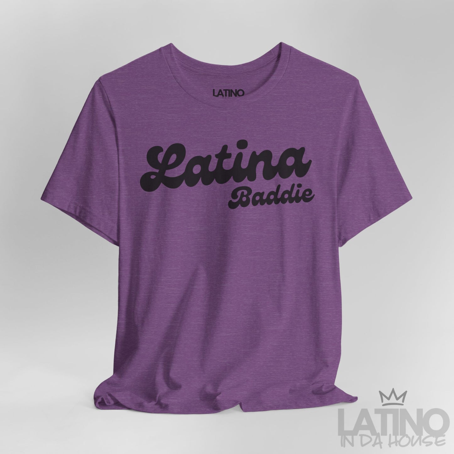 Close Up Heather Purple Latina Baddie T-shirt with bold script design. Latino In Da House