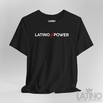 Close Up Latino Power T-Shirt in black with white text and red lightning bolt design – Latino In Da House