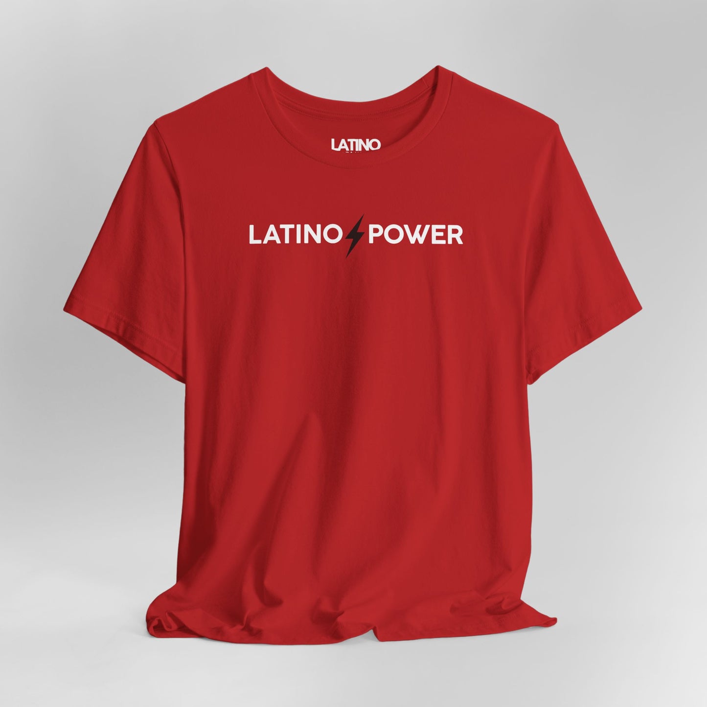 Close Up Latino Power T-Shirt in red with white text and red lightning bolt design - Latino In Da House