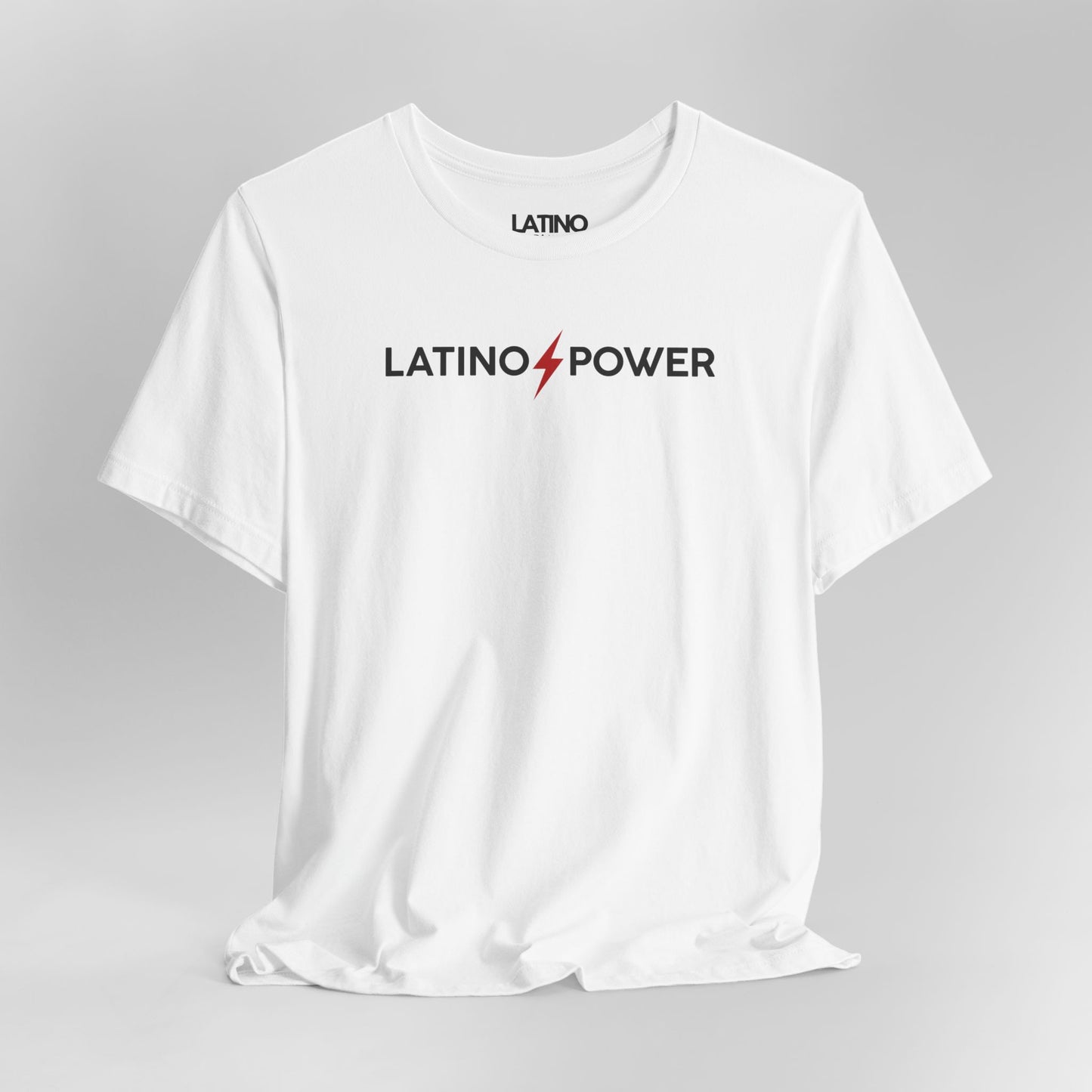 Close Up Latino Power T-Shirt in white with black text and red lightning bolt design - Latino In Da House