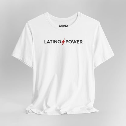 Close Up Latino Power T-Shirt in white with black text and red lightning bolt design - Latino In Da House