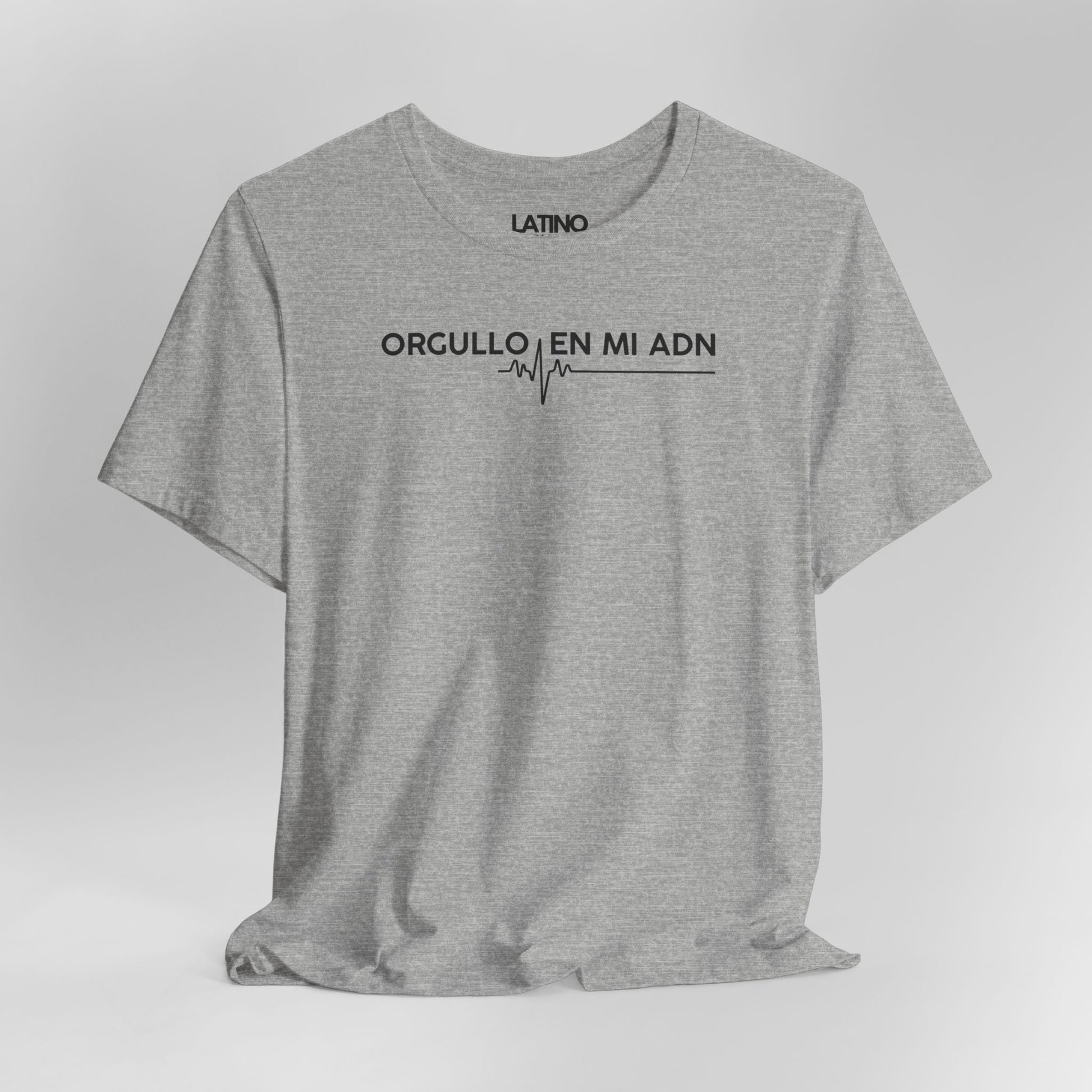 Close Up Orgullo En Mi ADN T-Shirt in heather grey with black text and heartbeat
line - Latino In Da House