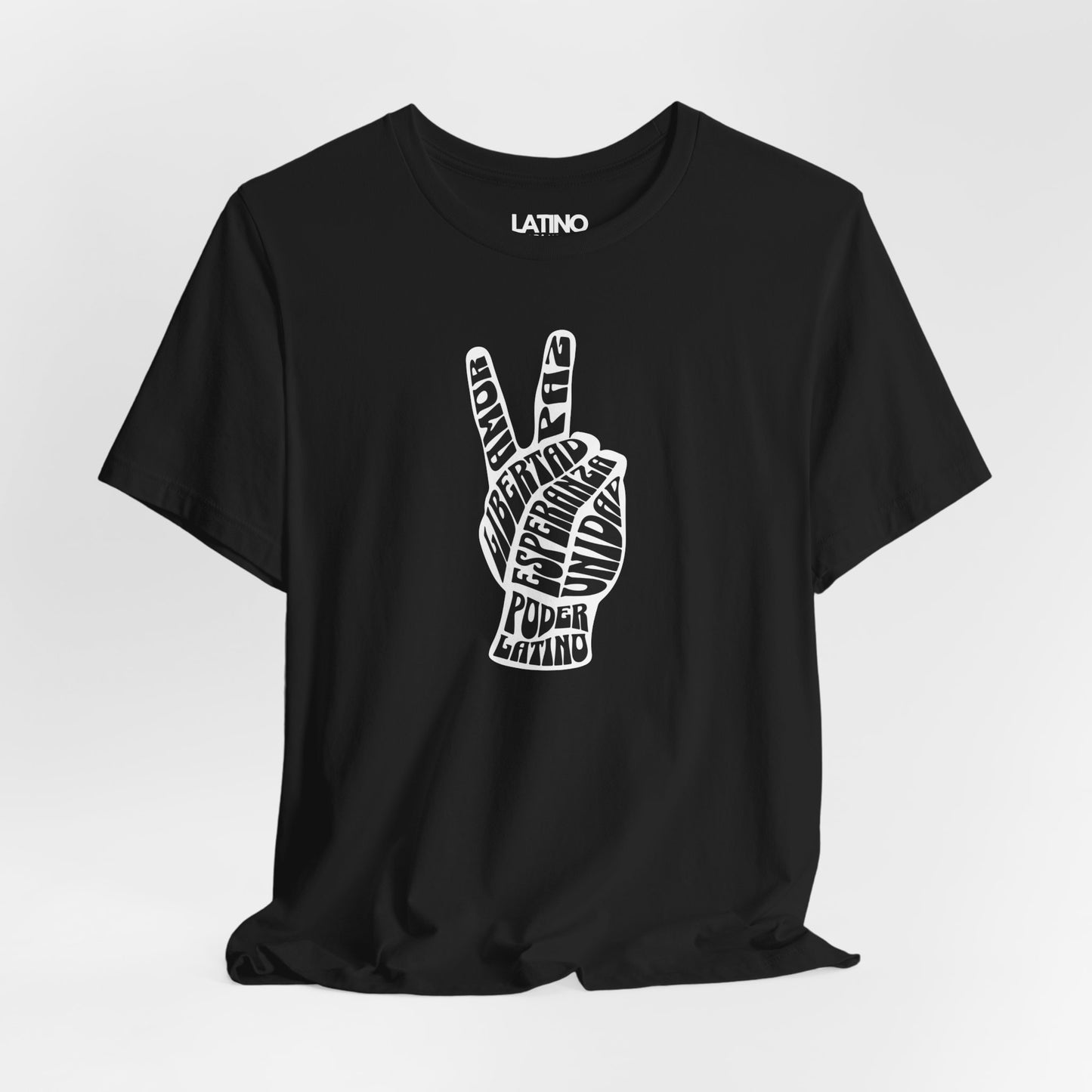 Close Up Poder Latino Peace Hand T-Shirt in black featuring unity hand design with empowering words - Latino In Da House