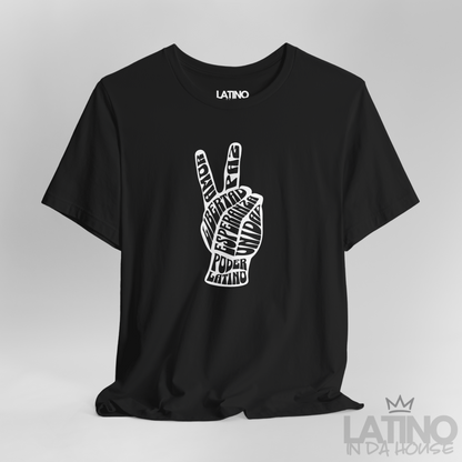 Close Up Poder Latino Peace Hand T-Shirt in black featuring unity hand design with empowering words – Latino In Da House