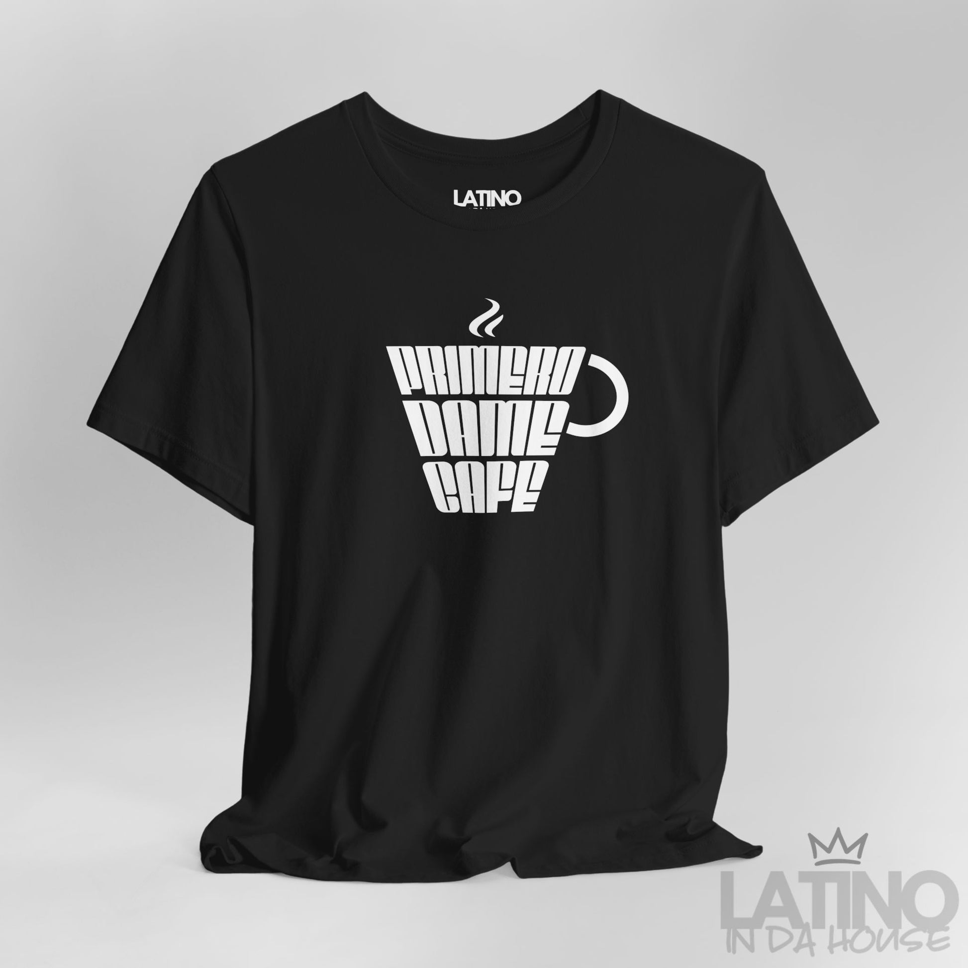 Close Up Primero Dame Café T-Shirt in black with white stylized coffee cup print – Latino In Da House
