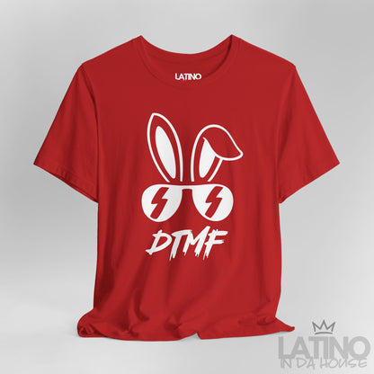 Close Up Red DTMF T-Shirt featuring bold bunny ears and lightning sunglasses design – Latino In Da House