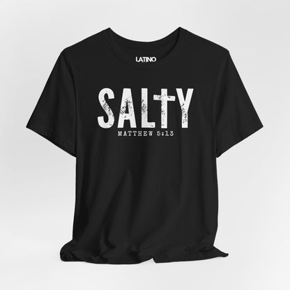 Close Up Salty Matthew 5:13 T-Shirt in black with distressed white text and cross design - Latino In Da House